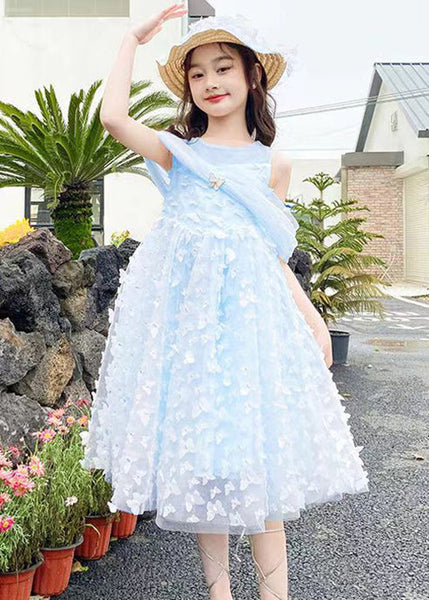 Blue Cold Shoulder Solid Tulle Girls Summer Long Dress Butterfly TT034 WS-JRTZSDGL240817