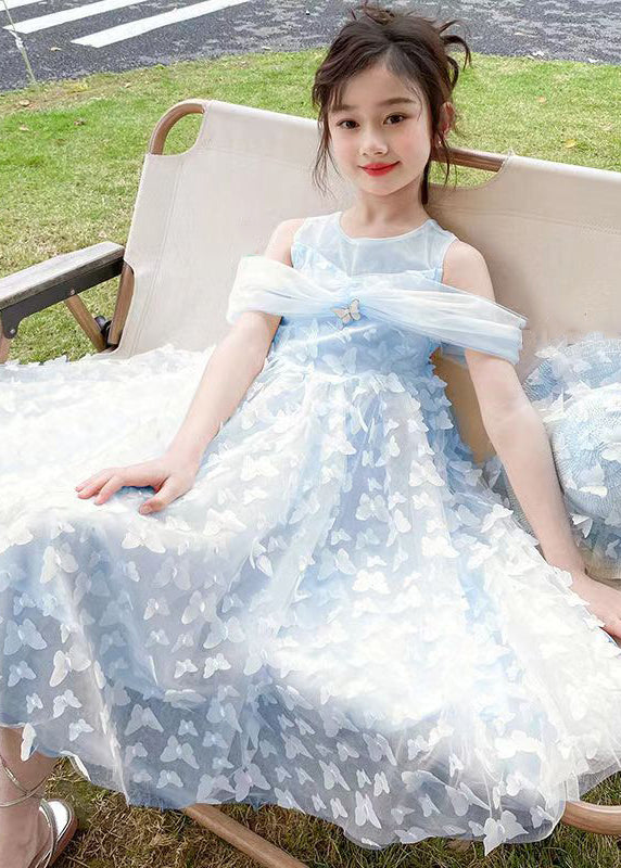 Blue Cold Shoulder Solid Tulle Girls Summer Long Dress Butterfly TT034 WS-JRTZSDGL240817