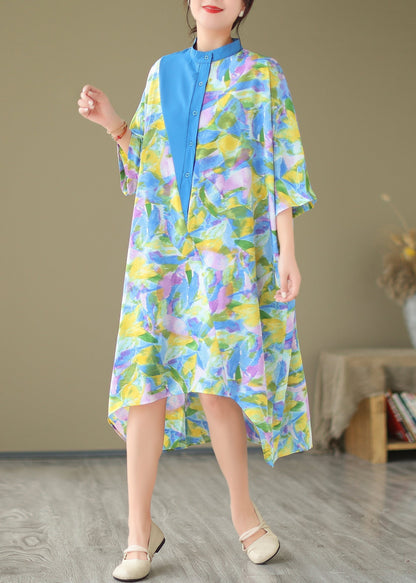 Blue Cotton Shirt Dresses Stand Collar Tie Dye Summer AP043 GK-SDL240718