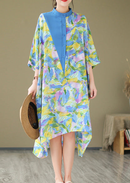 Blue Cotton Shirt Dresses Stand Collar Tie Dye Summer AP043 GK-SDL240718