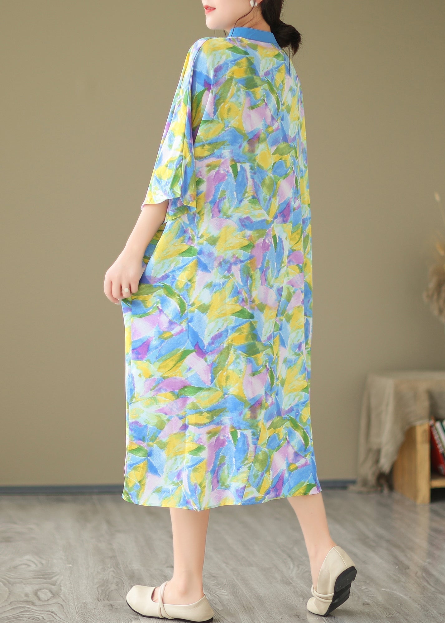 Blue Cotton Shirt Dresses Stand Collar Tie Dye Summer AP043 GK-SDL240718