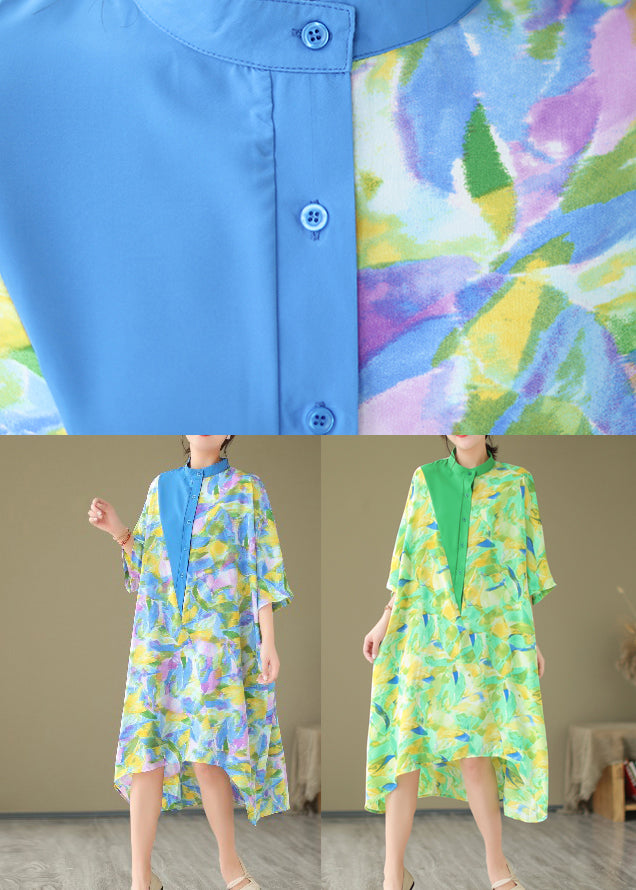 Blue Cotton Shirt Dresses Stand Collar Tie Dye Summer AP043 GK-SDL240718