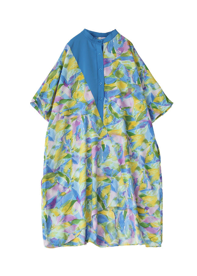 Blue Cotton Shirt Dresses Stand Collar Tie Dye Summer AP043 GK-SDL240718