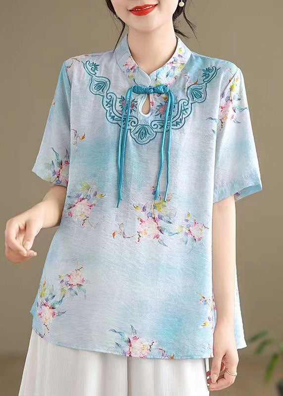 Blue Cotton Shirt Tasseled Stand Collar Embroidered Summer AP089 GK-STP240718