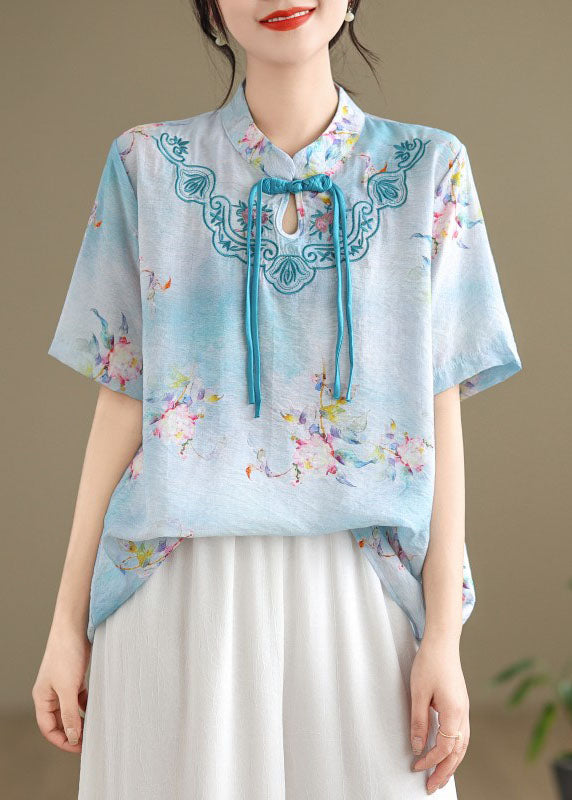 Blue Cotton Shirt Tasseled Stand Collar Embroidered Summer AP089 GK-STP240718