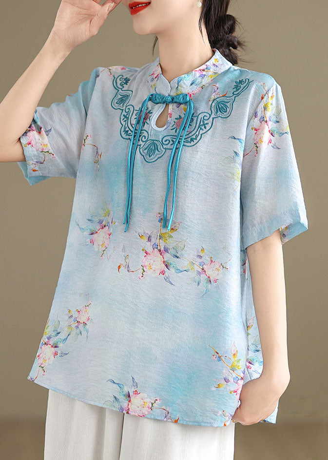 Blue Cotton Shirt Tasseled Stand Collar Embroidered Summer AP089 GK-STP240718