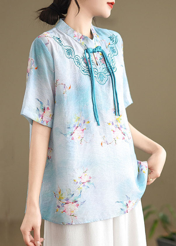 Blue Cotton Shirt Tasseled Stand Collar Embroidered Summer AP089 GK-STP240718