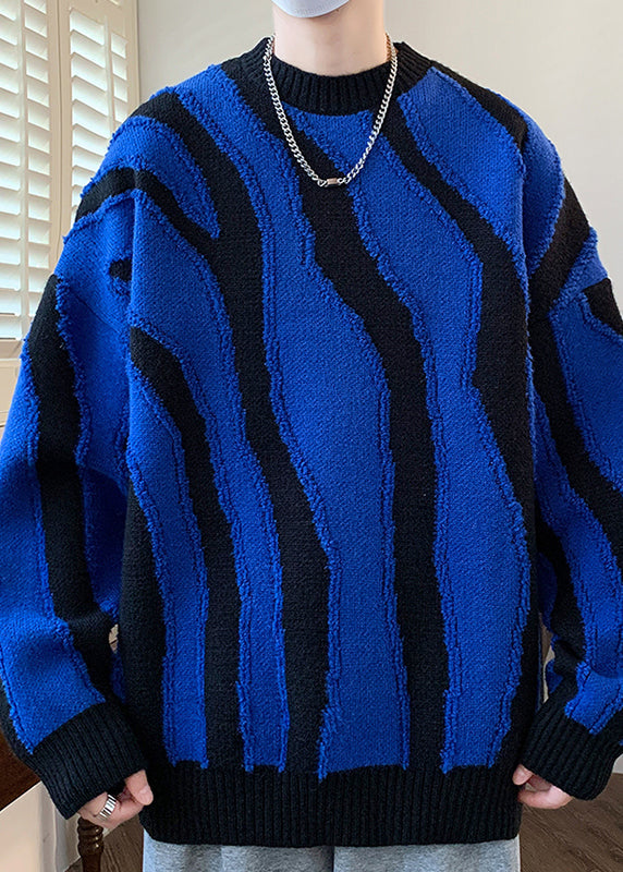 Blue Cozy Patchwork Knit Mens Sweaters Pullover O Neck Winter RC024 ABC