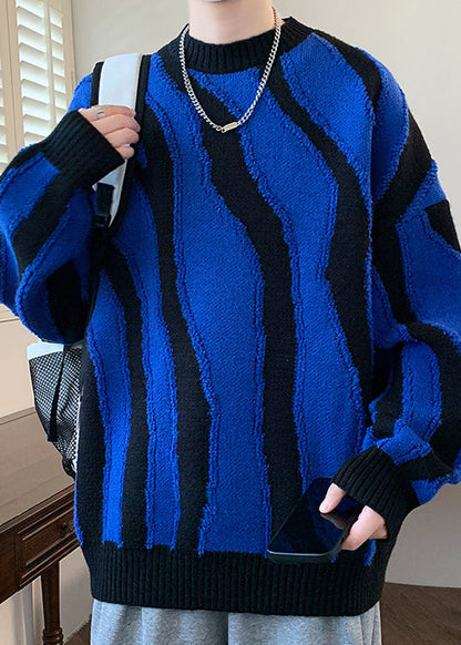 Blue Cozy Patchwork Knit Mens Sweaters Pullover O Neck Winter RC024 ABC