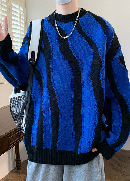 Blue Cozy Patchwork Knit Mens Sweaters Pullover O Neck Winter RC024 ABC