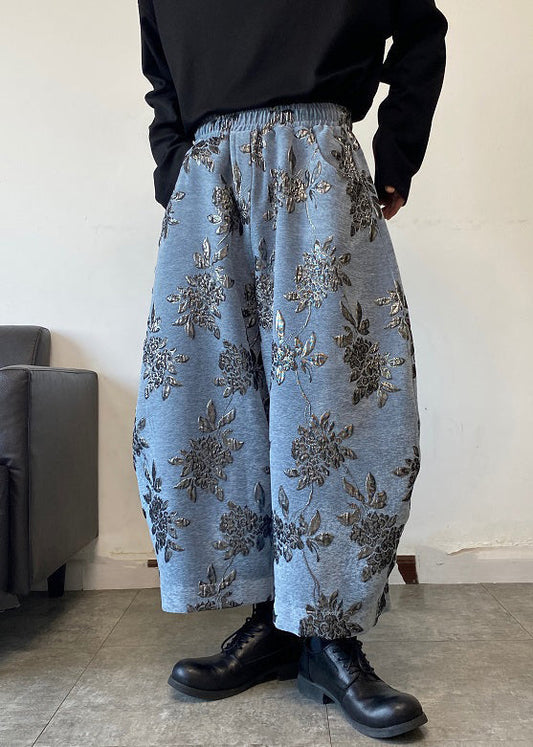Blue Embroideried Mens Wide Leg Pants Elastic Waist Spring RM027 ABC
