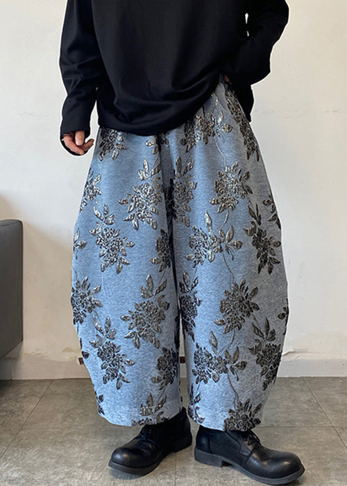 Blue Embroideried Mens Wide Leg Pants Elastic Waist Spring RM027 ABC