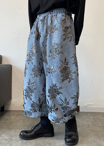 Blue Embroideried Mens Wide Leg Pants Elastic Waist Spring RM027 ABC