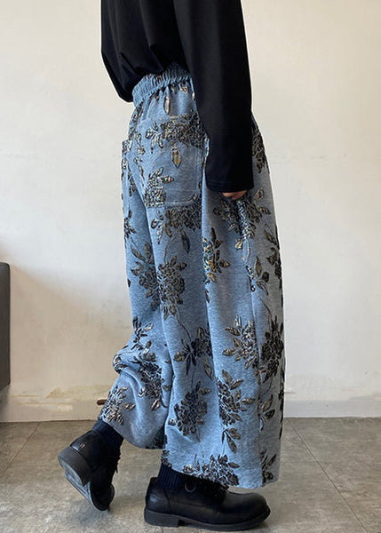 Blue Embroideried Mens Wide Leg Pants Elastic Waist Spring RM027 ABC