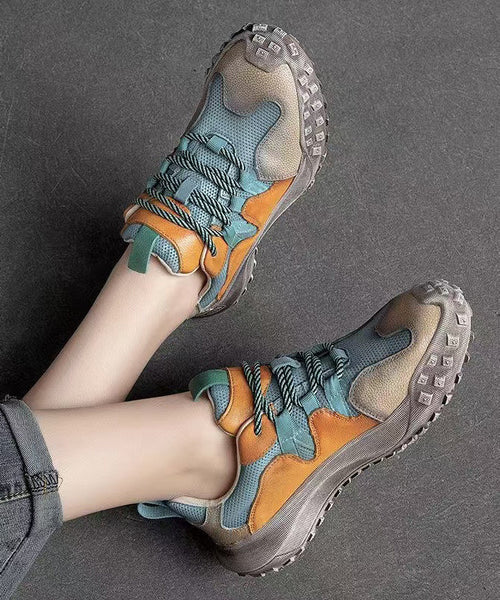 Platform Up Shoes Leather Flat Casual Splicing Blue Lace Cowhide FashionChic