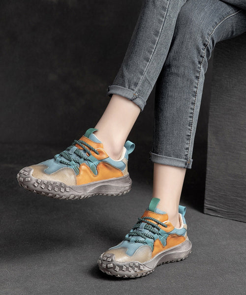 Platform Up Shoes Leather Flat Casual Splicing Blue Lace Cowhide FashionChic