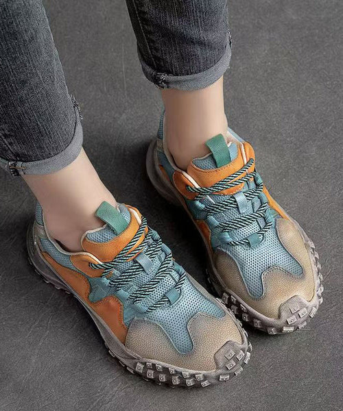 Platform Up Shoes Leather Flat Casual Splicing Blue Lace Cowhide FashionChic