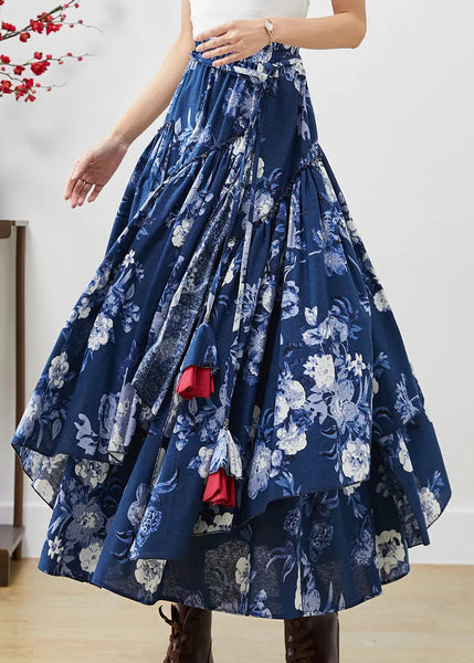 Blue Floral Cotton Skirts Asymmetrical Exra Large Hem Fall Ada Fashion