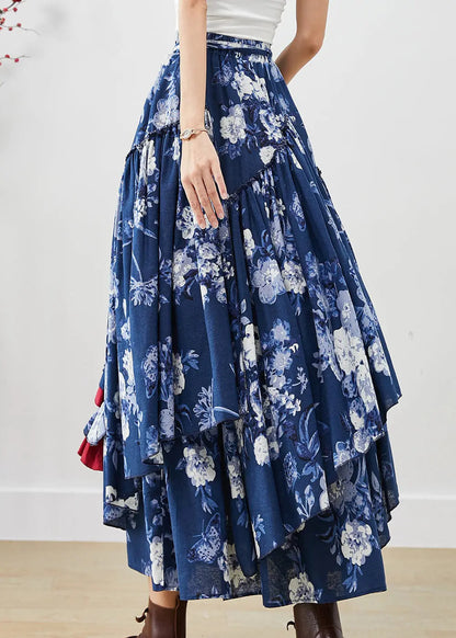 Blue Floral Cotton Skirts Asymmetrical Exra Large Hem Fall Ada Fashion