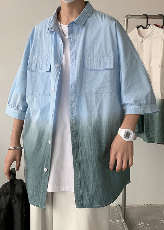 Pan Color Blue Collar Gradient Cotton Button Men Peter Shirts FashionChic