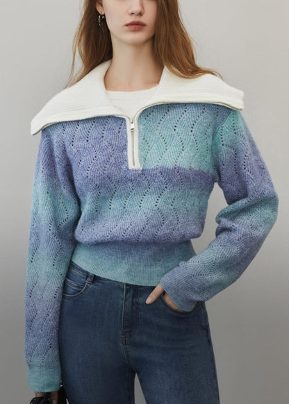 Blue Gradient Color Hollow Out Wool Knit Sweater Zip Up Winter WK024 OM-SW241119