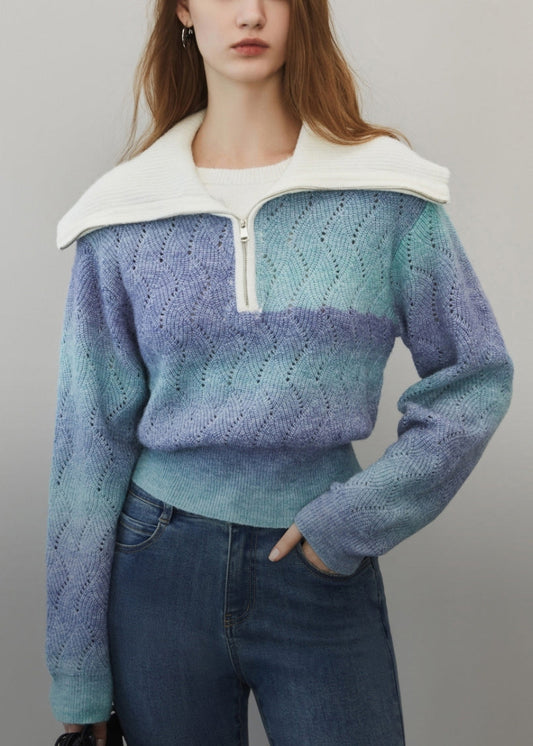 Blue Gradient Color Hollow Out Wool Knit Sweater Zip Up Winter WK024 OM-SW241119