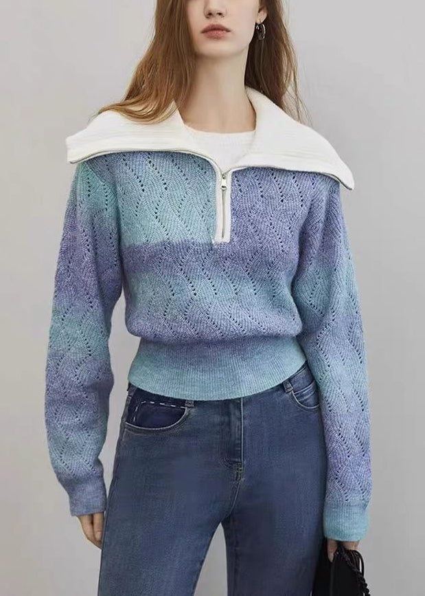 Blue Gradient Color Hollow Out Wool Knit Sweater Zip Up Winter WK024 OM-SW241119