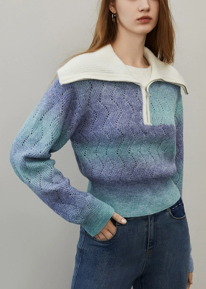 Blue Gradient Color Hollow Out Wool Knit Sweater Zip Up Winter WK024 OM-SW241119