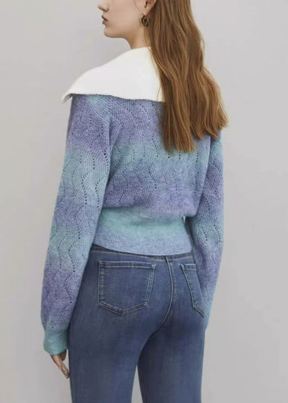 Blue Gradient Color Hollow Out Wool Knit Sweater Zip Up Winter WK024 OM-SW241119