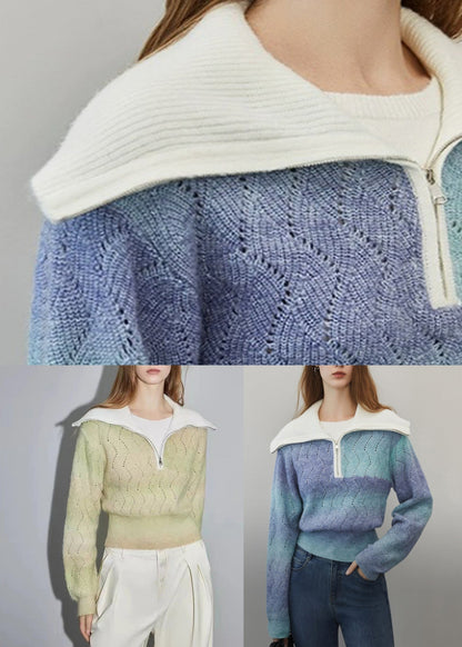 Blue Gradient Color Hollow Out Wool Knit Sweater Zip Up Winter WK024 OM-SW241119