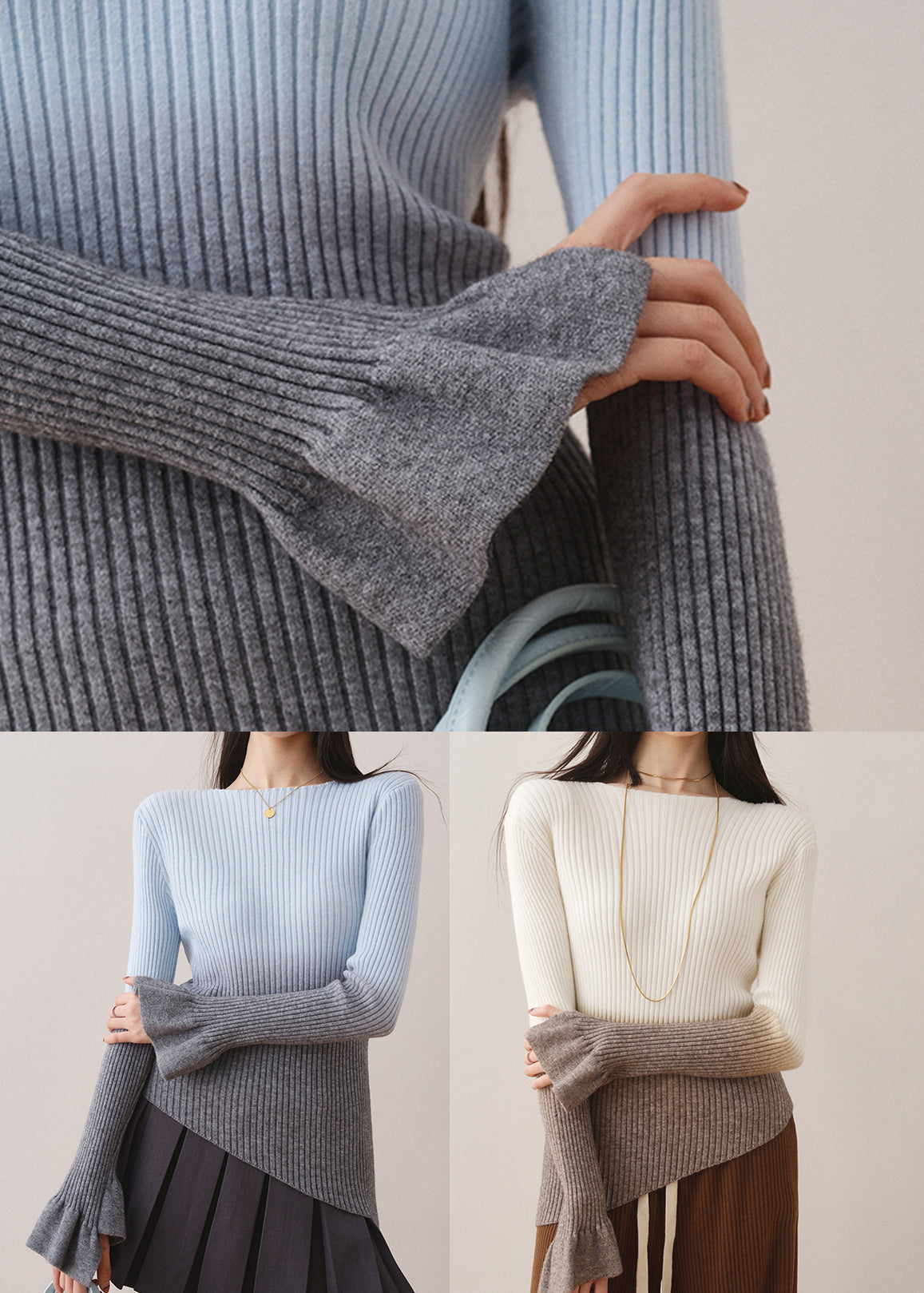 Blue Gradient Knit Sweaters Slash Neck Asymmetrical Fall WE005 HS-NTP241028