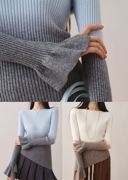 Blue Gradient Knit Sweaters Slash Neck Asymmetrical Fall WE005 HS-NTP241028