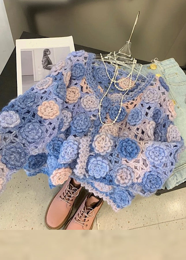 Blue Hollow Out Button Knit Fall Cardigan V Neck WY029 OM-OL241106