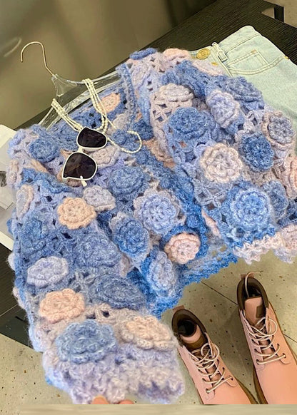 Blue Hollow Out Button Knit Fall Cardigan V Neck WY029 OM-OL241106