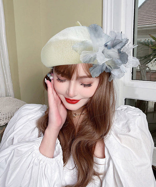 Ink Hat Breathable Wash Flower Tulle Mesh Blue Beret FashionChic