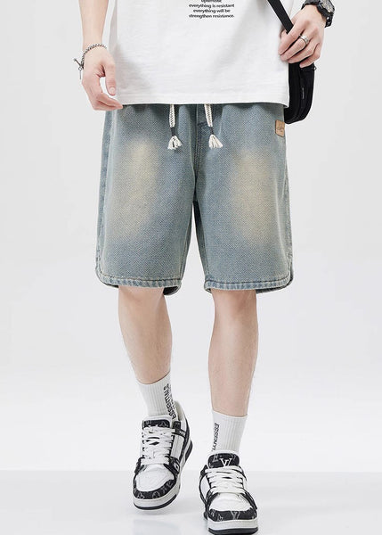 Blue Lace Up Elastic Waist Denim Men Shorts Pockets Summer YL033 ABC