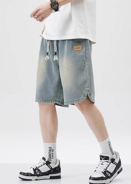 Blue Lace Up Elastic Waist Denim Men Shorts Pockets Summer YL033 ABC