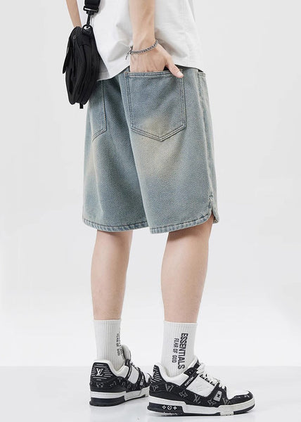 Blue Lace Up Elastic Waist Denim Men Shorts Pockets Summer YL033 ABC