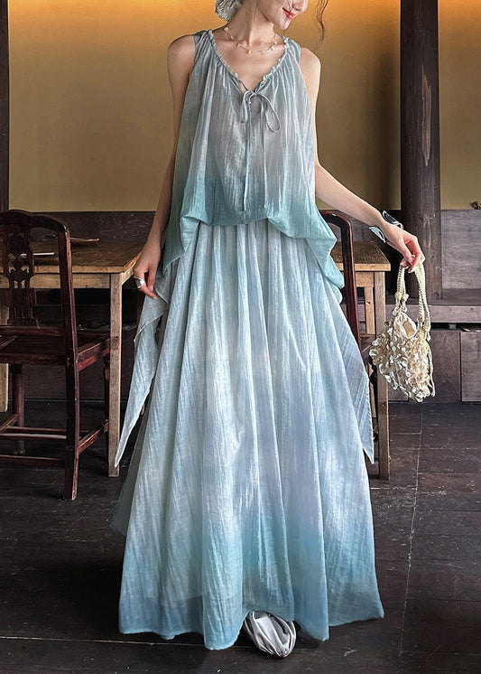 Ruffled Up Linen Dresses Long Blue Sleeveless Silk Lace FashionChic