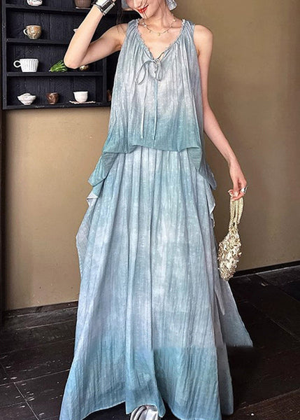 Ruffled Up Linen Dresses Long Blue Sleeveless Silk Lace FashionChic
