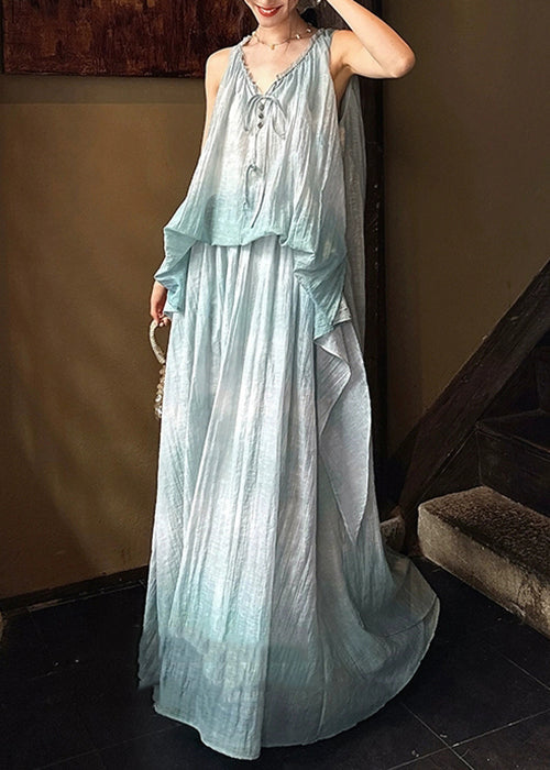 Ruffled Up Linen Dresses Long Blue Sleeveless Silk Lace FashionChic