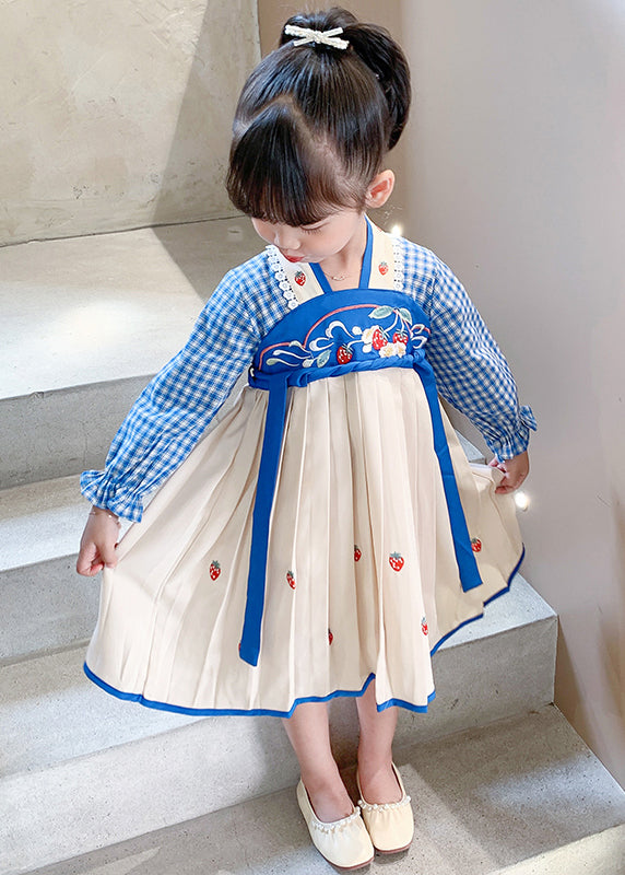 Blue Lace Up Patchwork Cotton Girls Dresses Wrinkled Fall XZ013 FALL-MM-RCTZ-FDGL240618