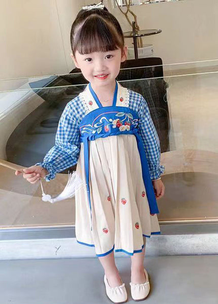 Blue Lace Up Patchwork Cotton Girls Dresses Wrinkled Fall XZ013 FALL-MM-RCTZ-FDGL240618