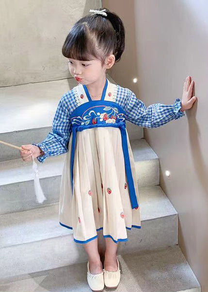 Blue Lace Up Patchwork Cotton Girls Dresses Wrinkled Fall XZ013 FALL-MM-RCTZ-FDGL240618