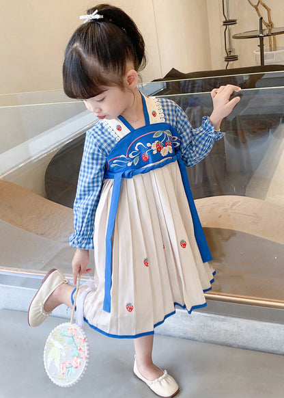 Blue Lace Up Patchwork Cotton Girls Dresses Wrinkled Fall XZ013 FALL-MM-RCTZ-FDGL240618