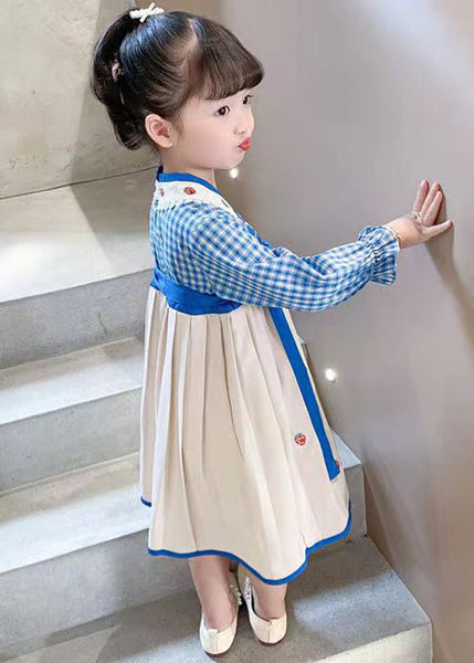 Blue Lace Up Patchwork Cotton Girls Dresses Wrinkled Fall XZ013 FALL-MM-RCTZ-FDGL240618