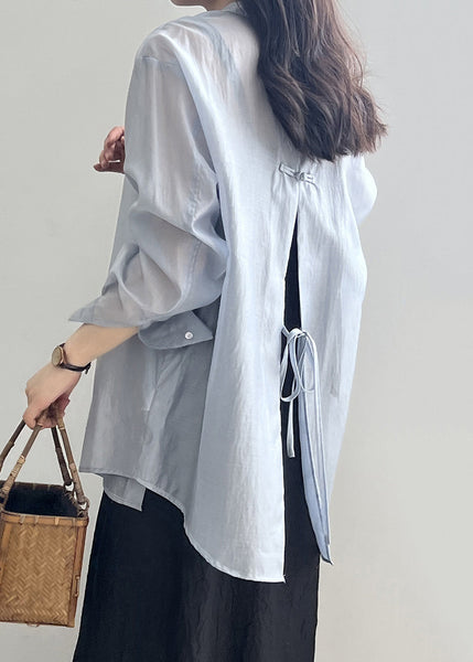 Blue Lace Up Side Open Silk Blouses Peter Pan Collar Spring MZF-LTP250315