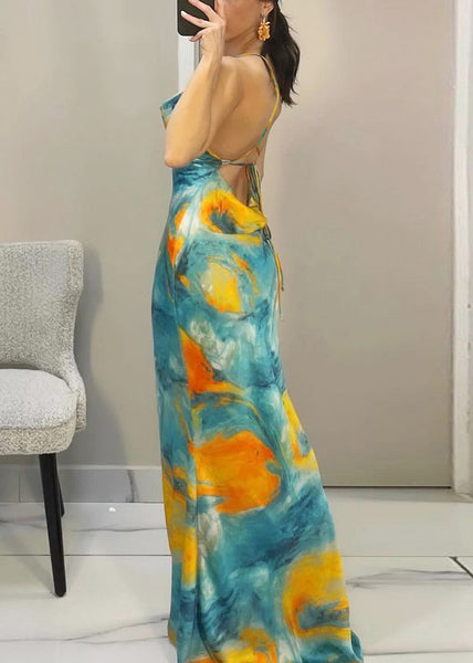 Strap Blue Up Dress Backless Sleeveless Lace Spaghetti FashionChic