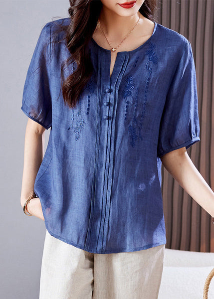 Embroidered Top Blue Linen Summer Wrinkled FashionChic