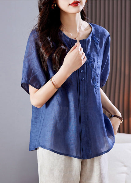 Embroidered Top Blue Linen Summer Wrinkled FashionChic